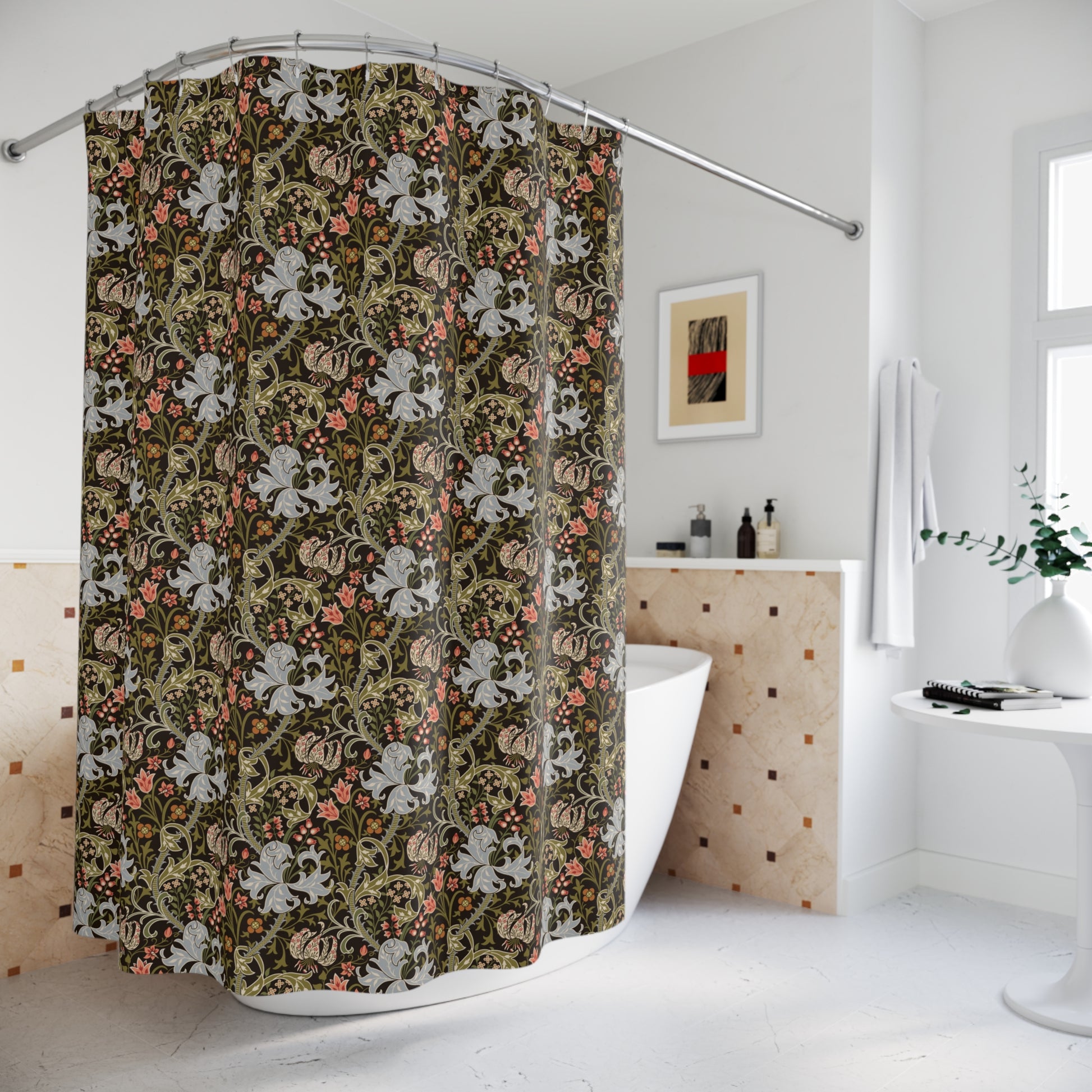 Patterned shower curtain in a bathroom setting with a bathtub and decorative elements.