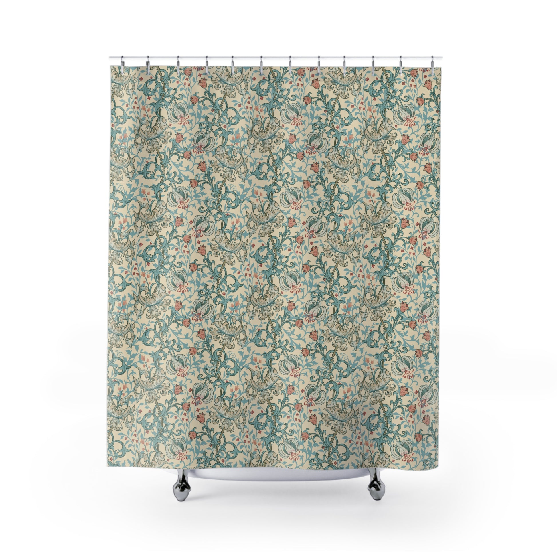 Shower curtain with vintage floral pattern on a white background