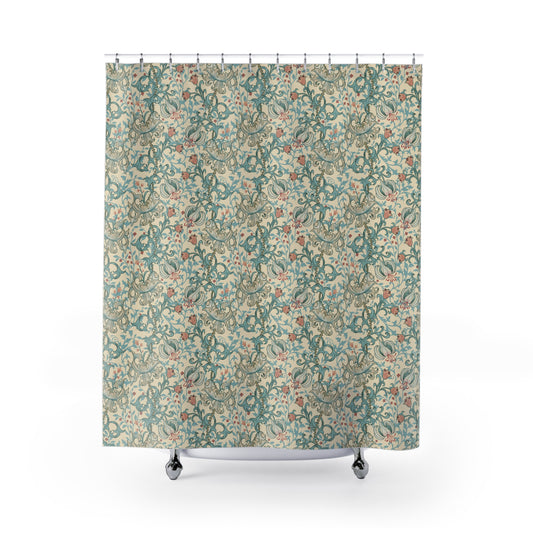 Shower curtain with vintage floral pattern on a white background
