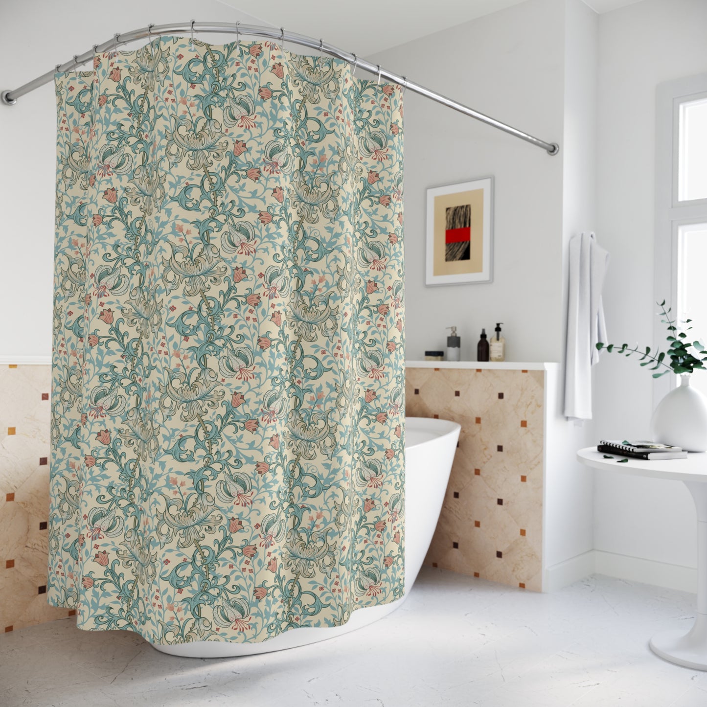 Shower curtain with floral pattern in a bathroom setting