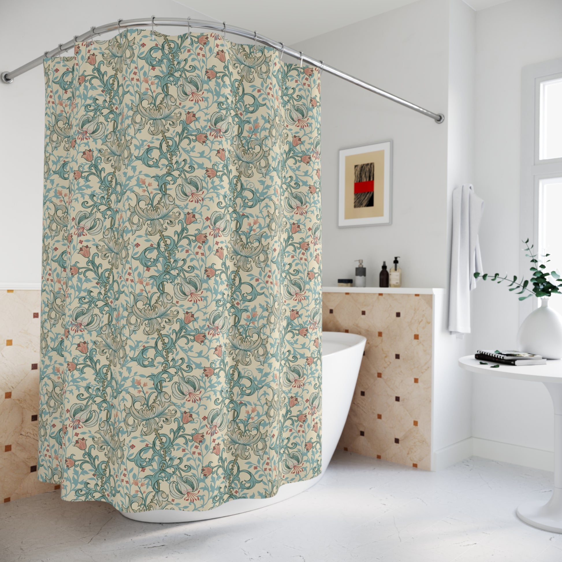 Shower curtain with floral pattern in a bathroom setting
