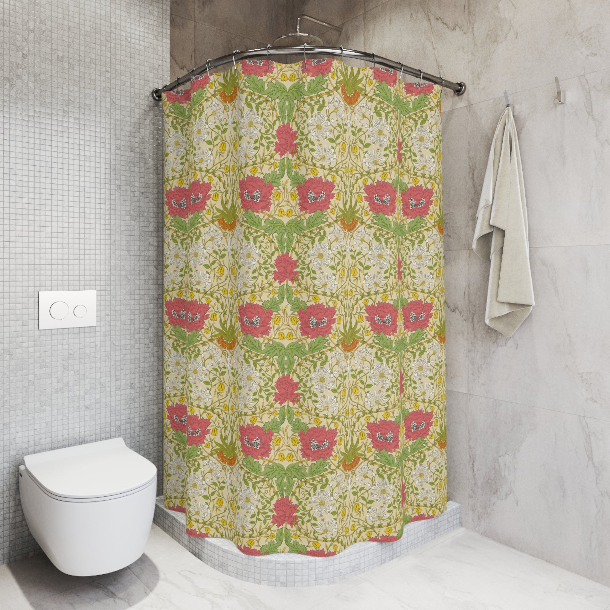 Shower curtain with floral pattern in a bathroom setting