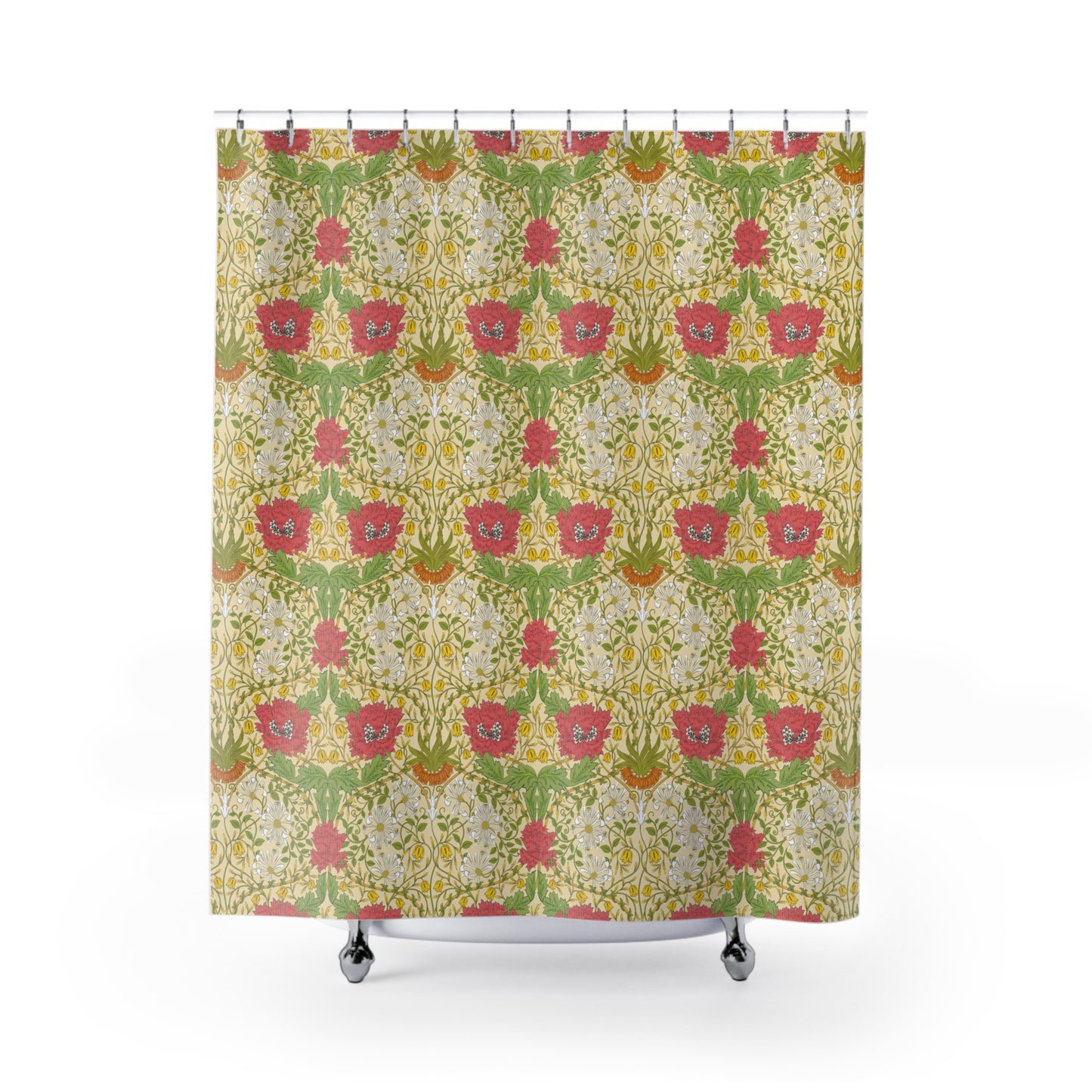Shower curtain with floral pattern on a white background