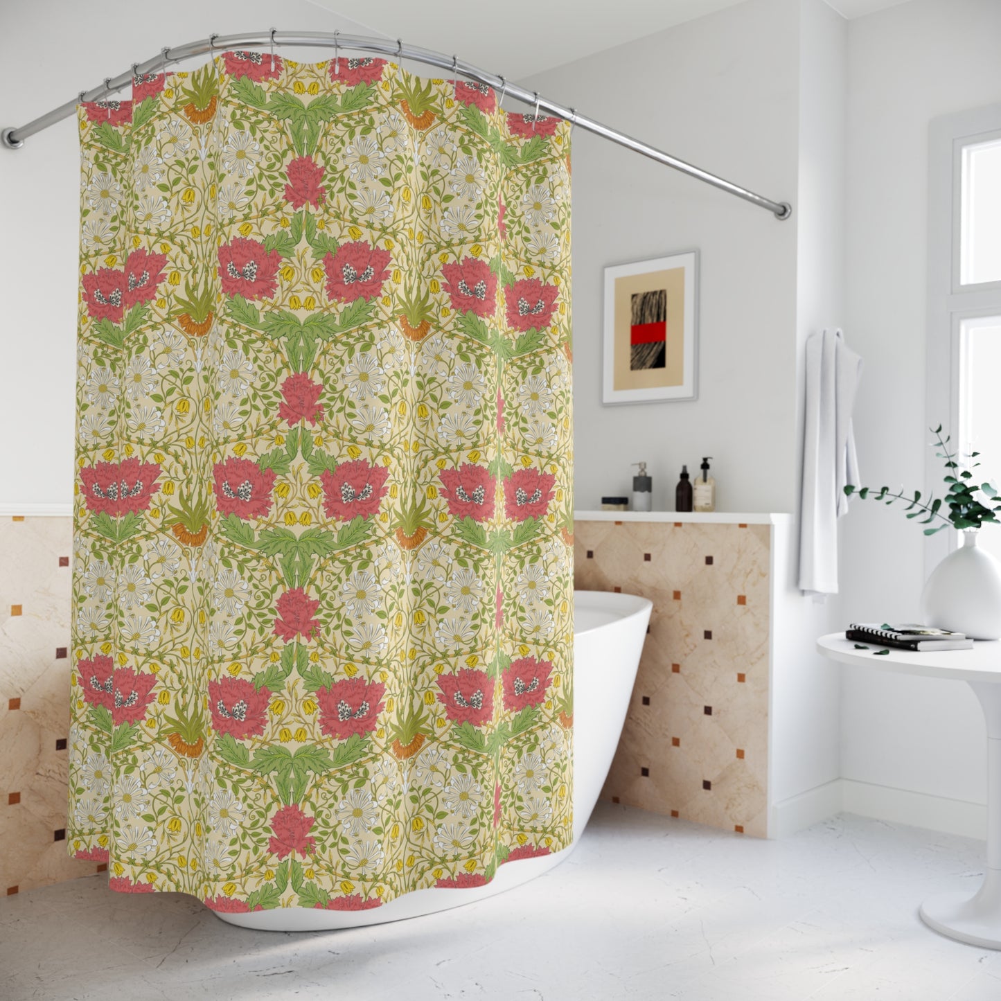 Shower curtain with floral pattern in a bathroom setting