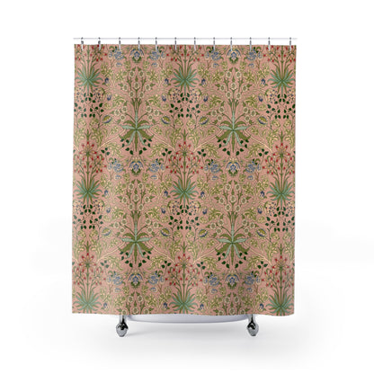 Shower curtain with a floral pattern on a white background