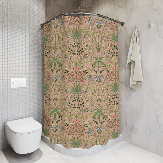 Bathroom with a floral-patterned shower curtain and a white toilet.