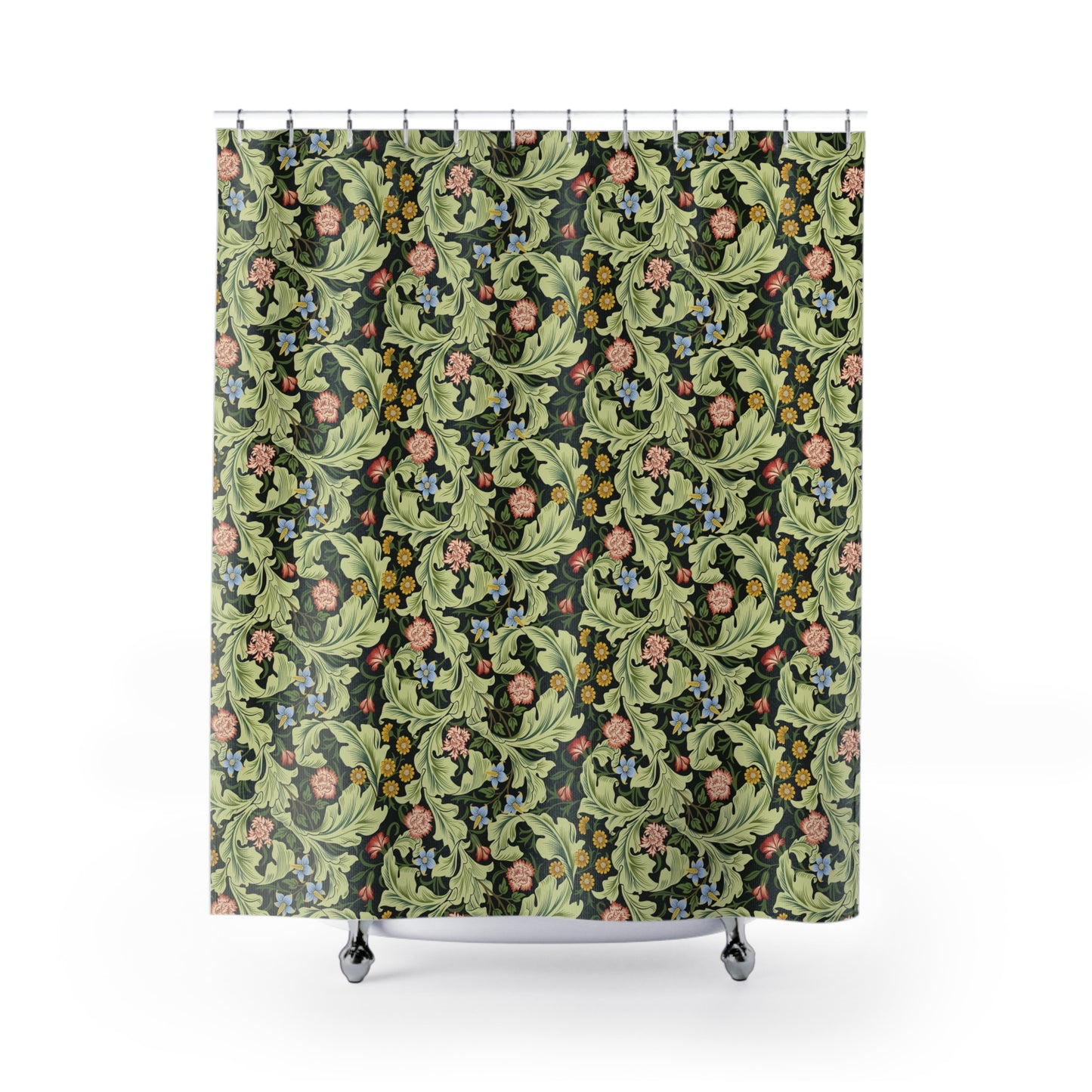 Shower curtain with floral and leaf pattern on a white background