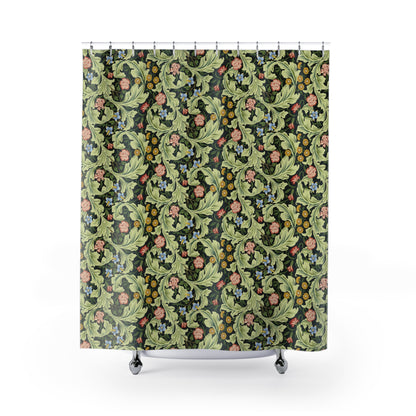 Shower curtain with floral and leaf pattern on a white background
