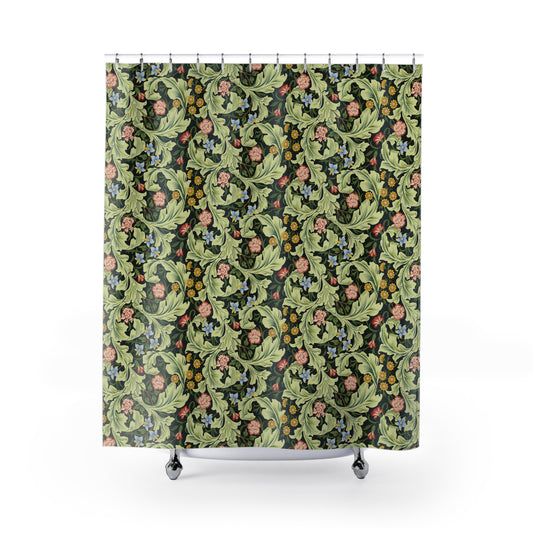Shower curtain with floral and leaf pattern on a white background