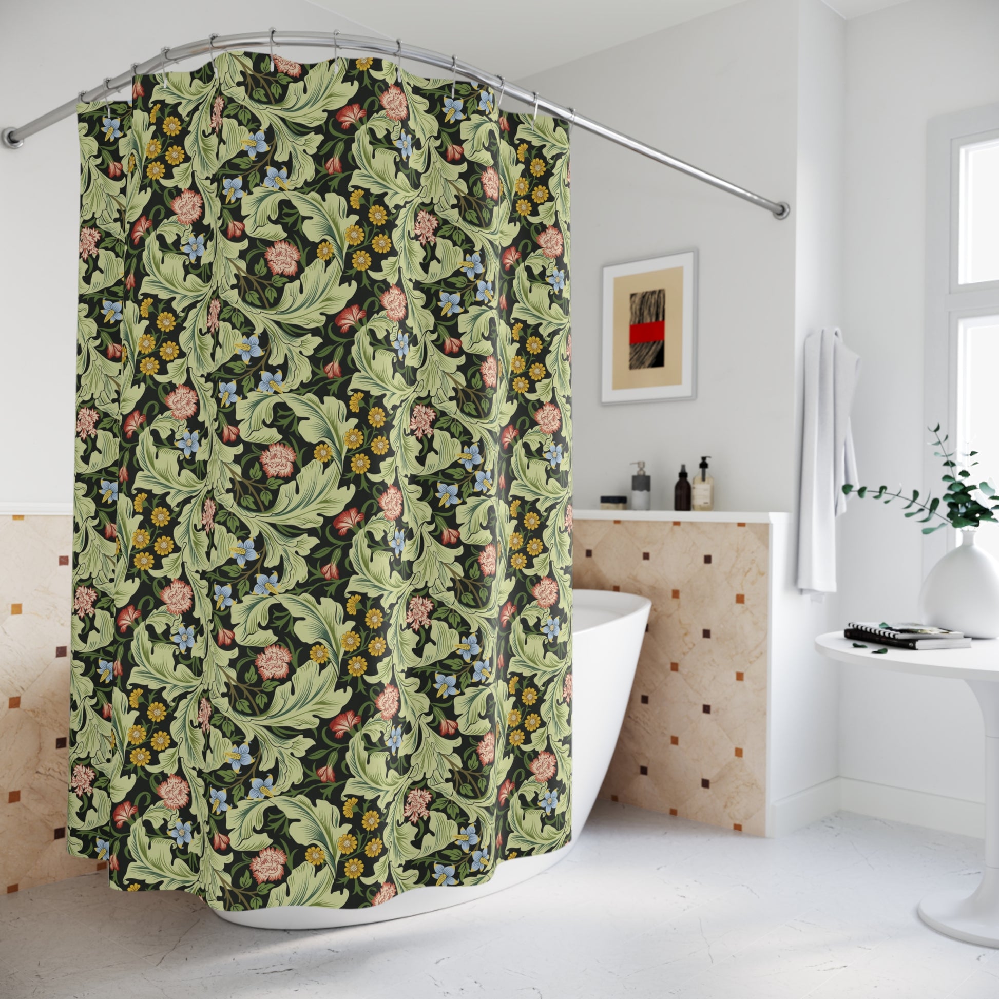 Floral patterned shower curtain in a bathroom setting