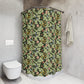 Bathroom with a floral shower curtain and a white toilet.