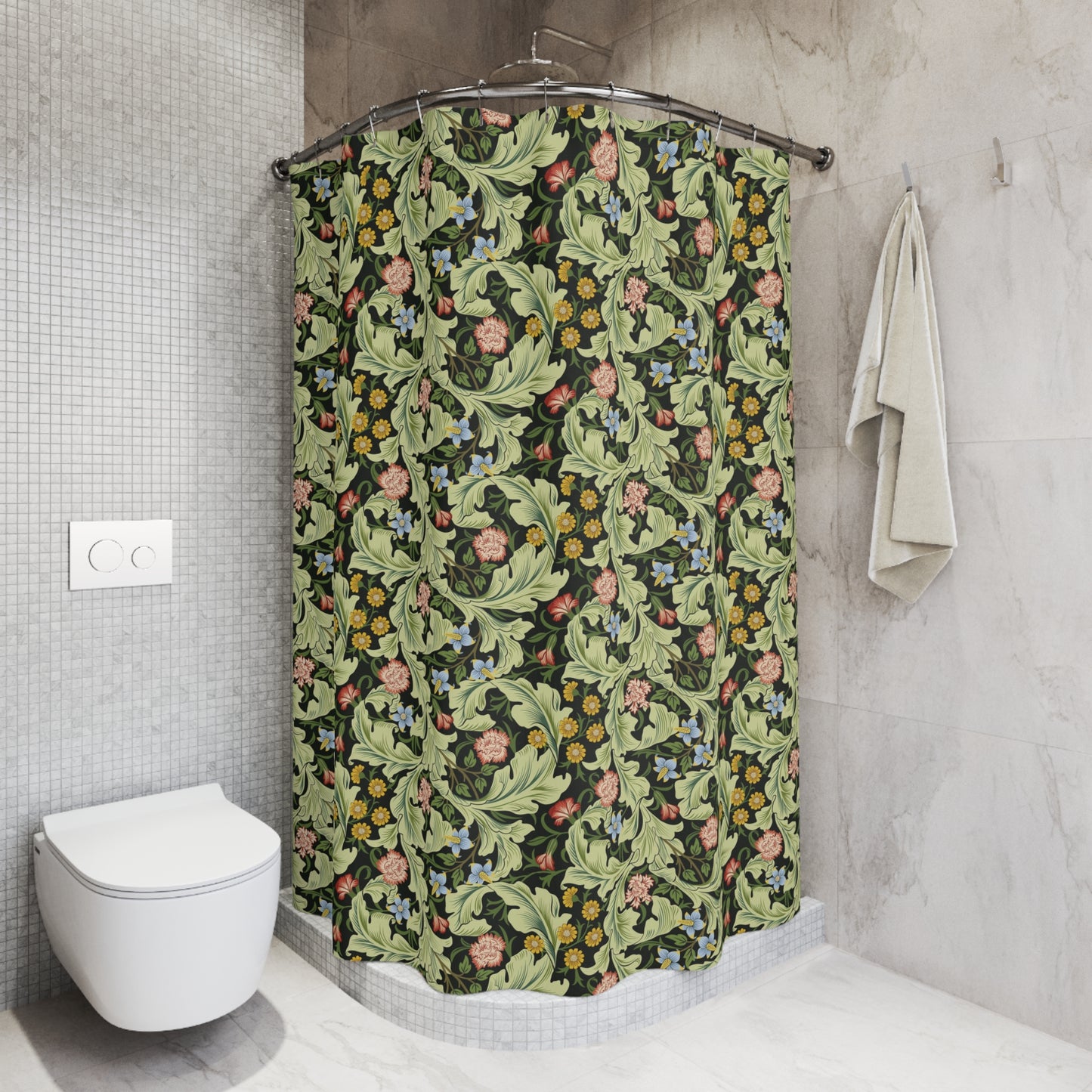 Bathroom with a floral shower curtain and a white toilet.