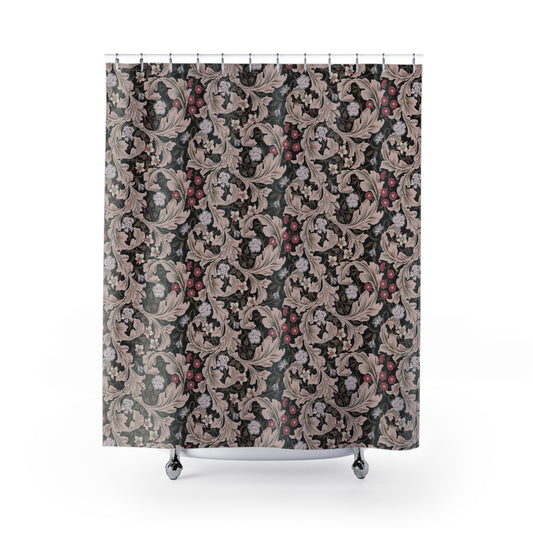Decorative shower curtain with intricate floral pattern on a white background