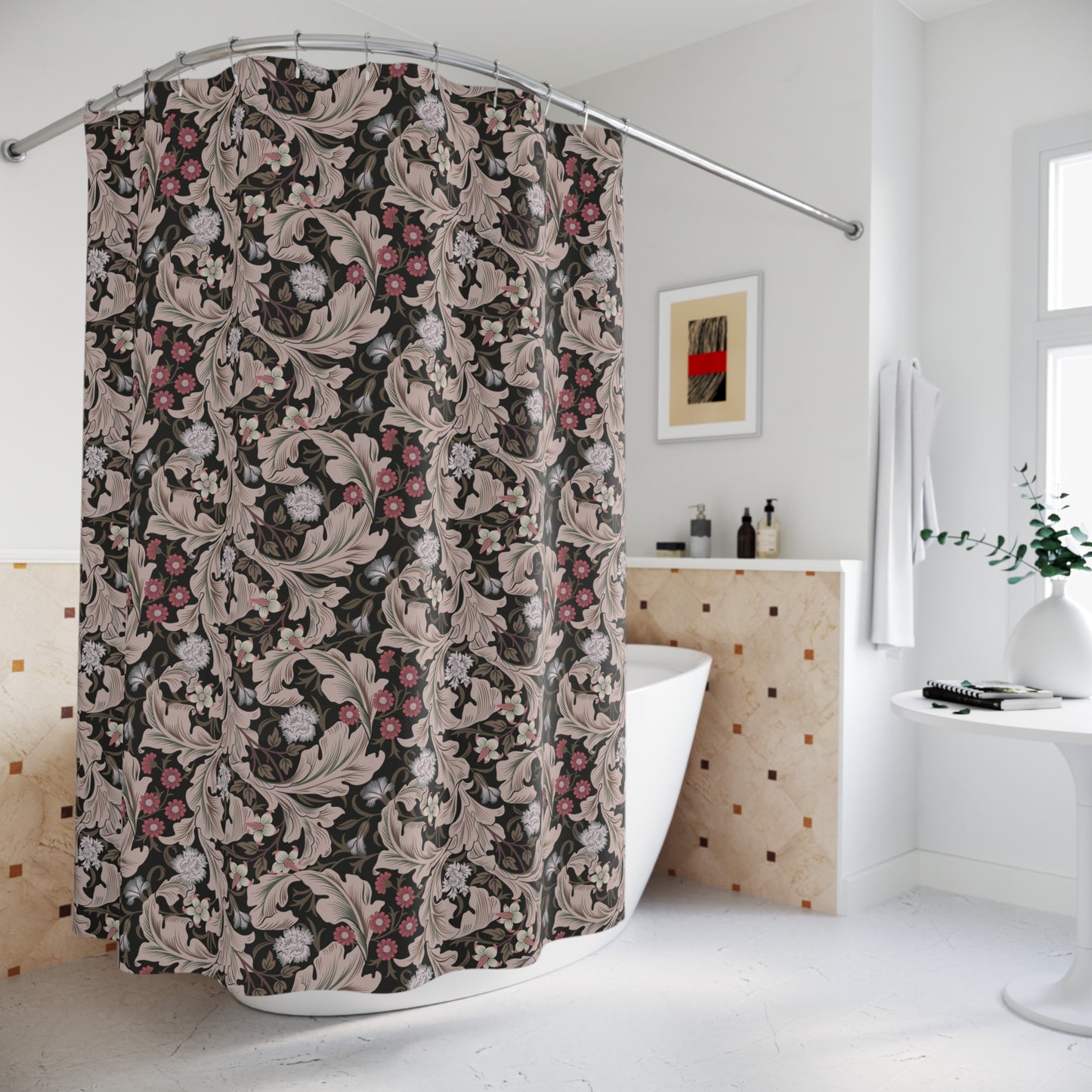 Decorative shower curtain with floral pattern in a modern bathroom