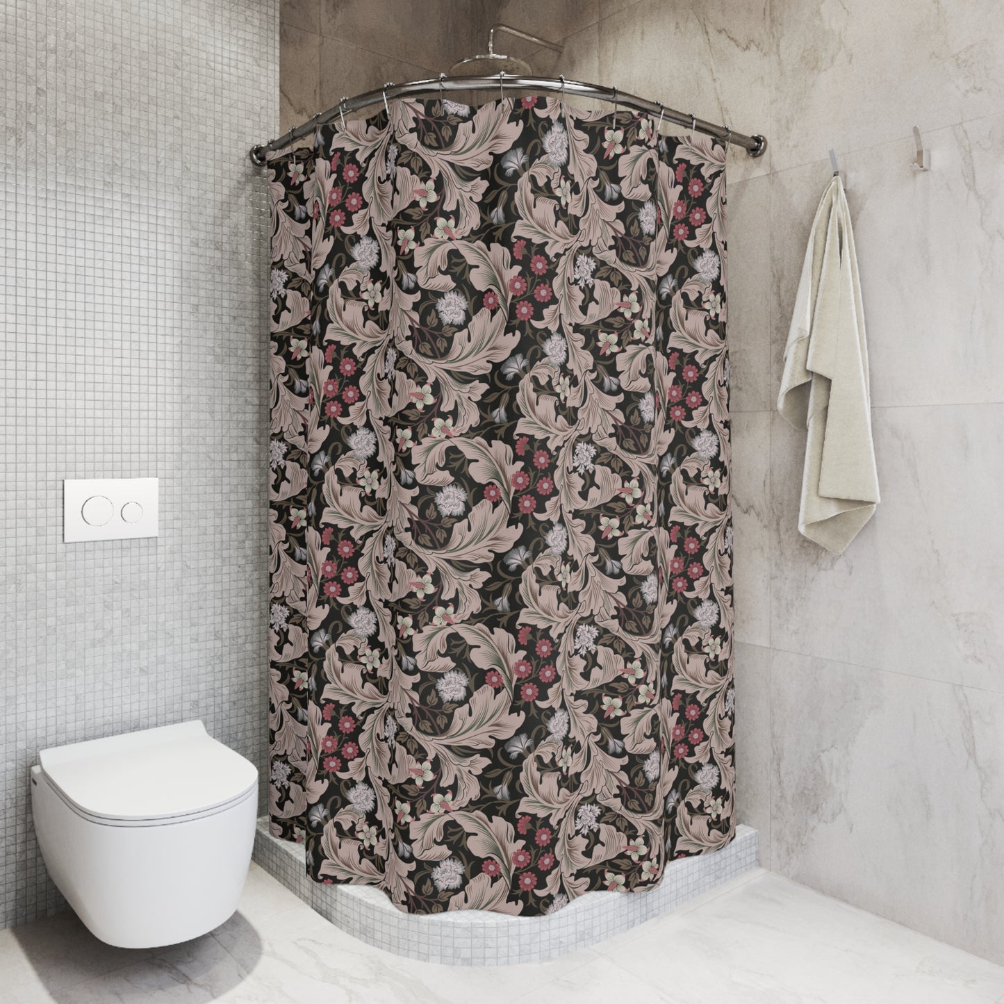 Bathroom with a patterned shower curtain and a white toilet.