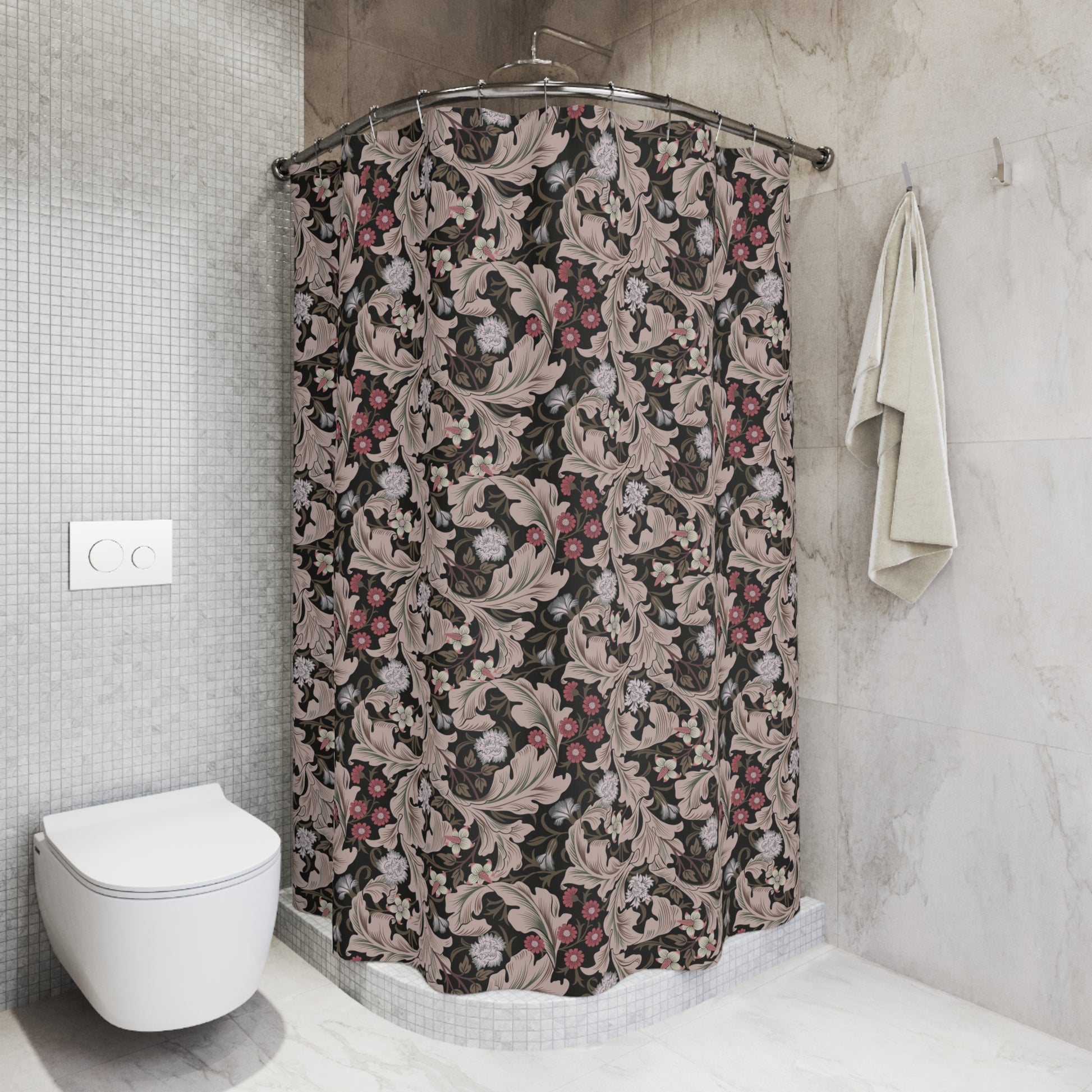 Bathroom with a patterned shower curtain and a white toilet.