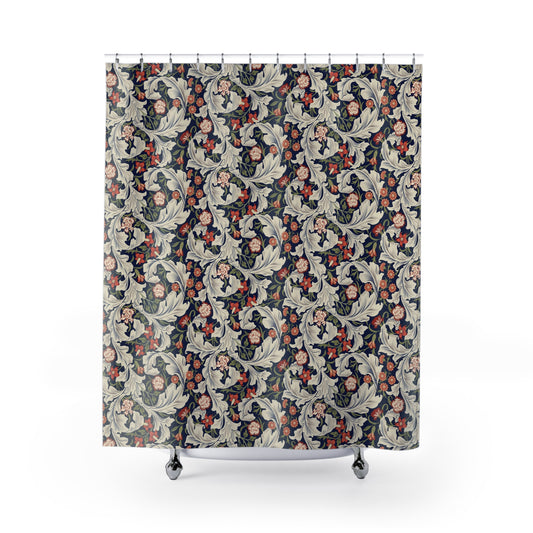 Shower curtain with decorative pattern on a white background