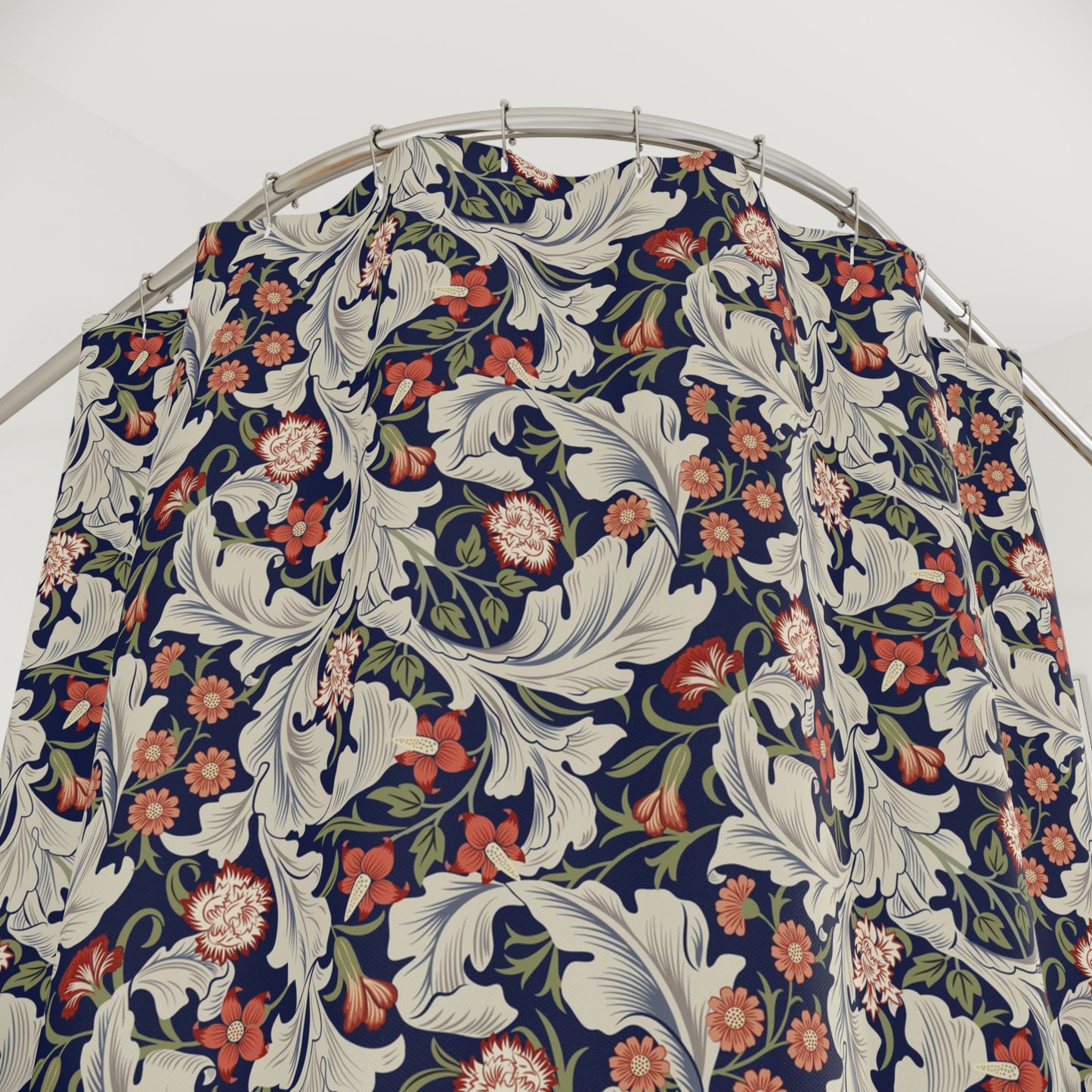 Floral patterned PVC shower curtain on a mannequin against a white background