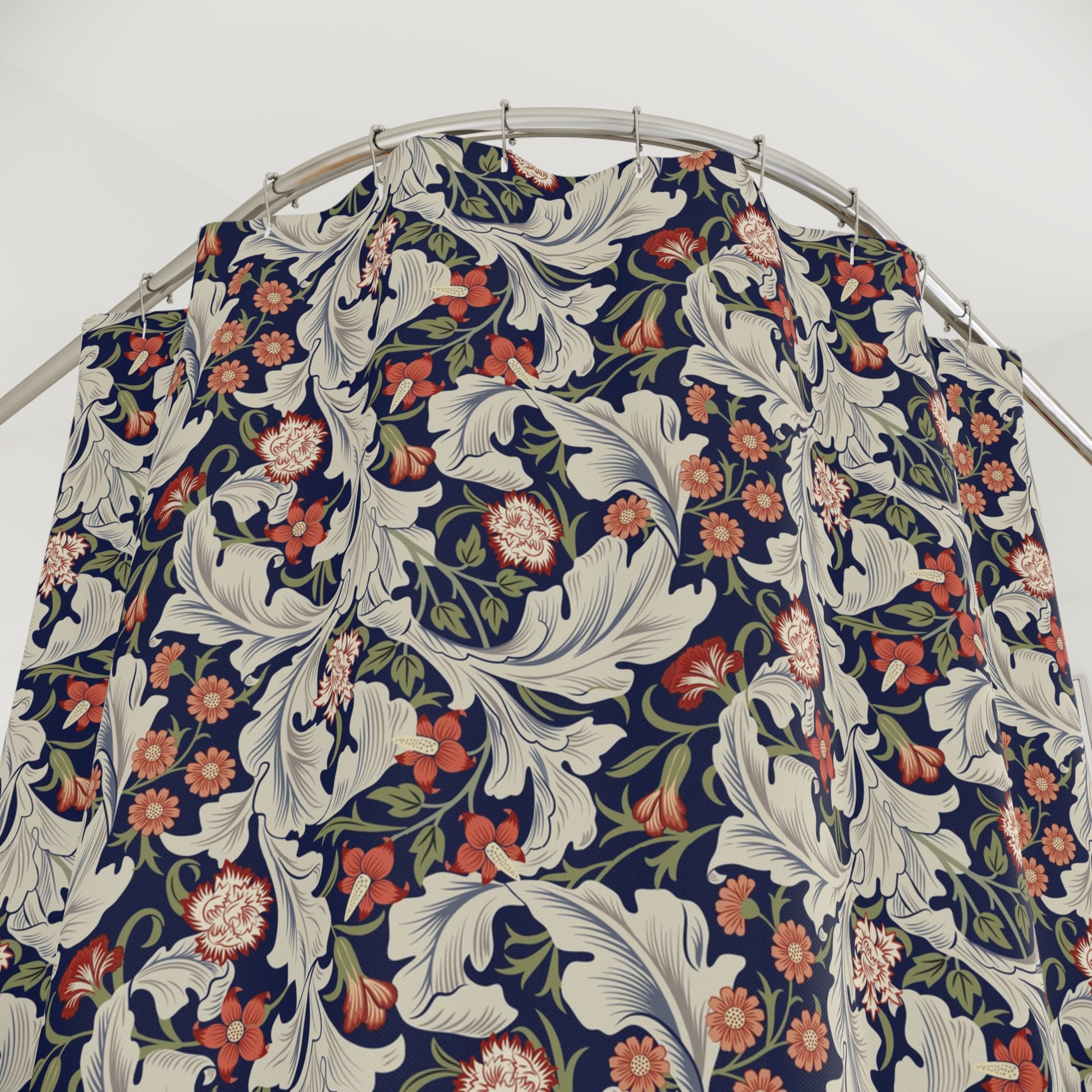 Floral patterned PVC shower curtain on a mannequin against a white background