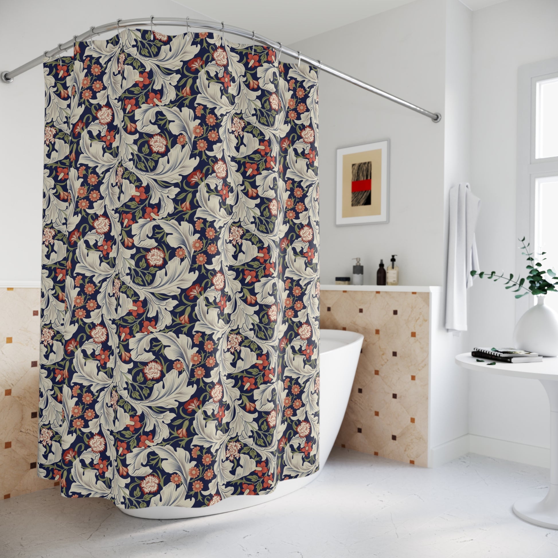 Decorative shower curtain with floral pattern in a bathroom setting