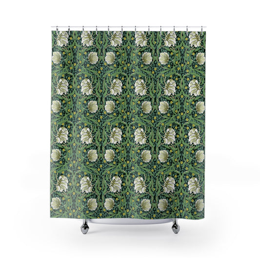 Floral patterned shower curtain with green background