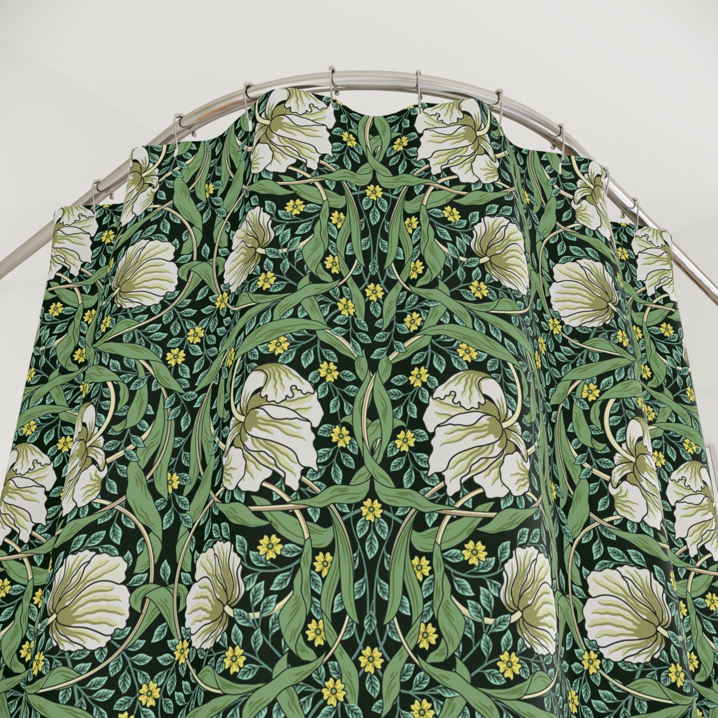 Floral patterned shower curtain against a white background