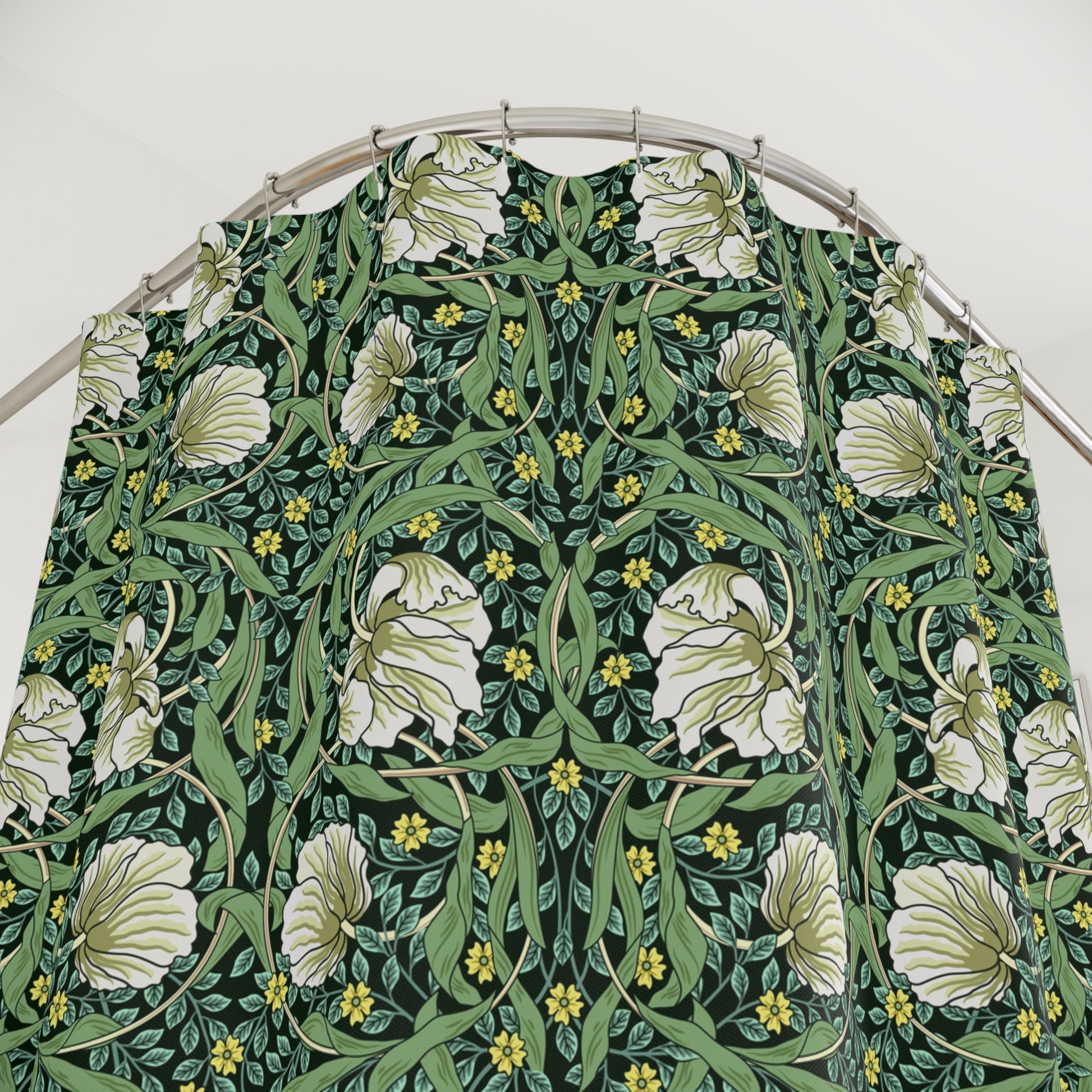 Floral patterned shower curtain against a white background