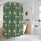 Shower curtain with green floral pattern in a bathroom setting