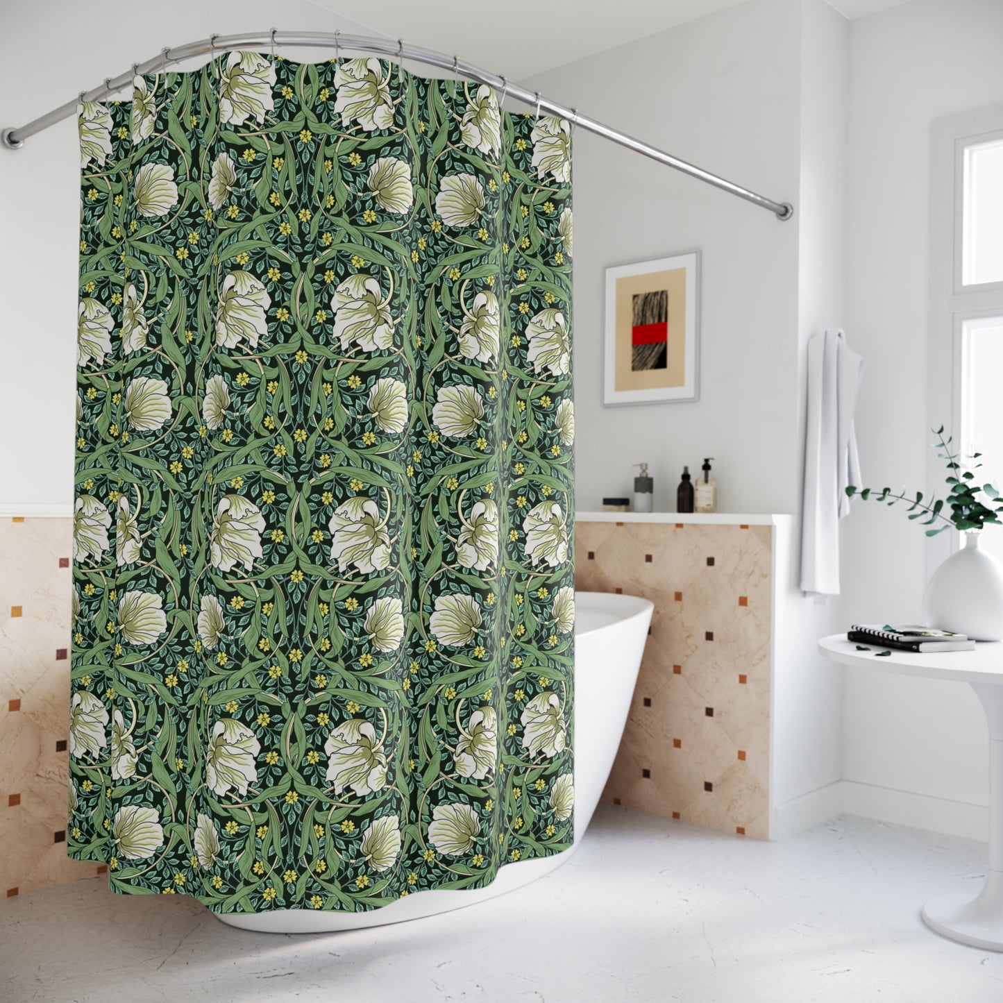 Shower curtain with green floral pattern in a bathroom setting
