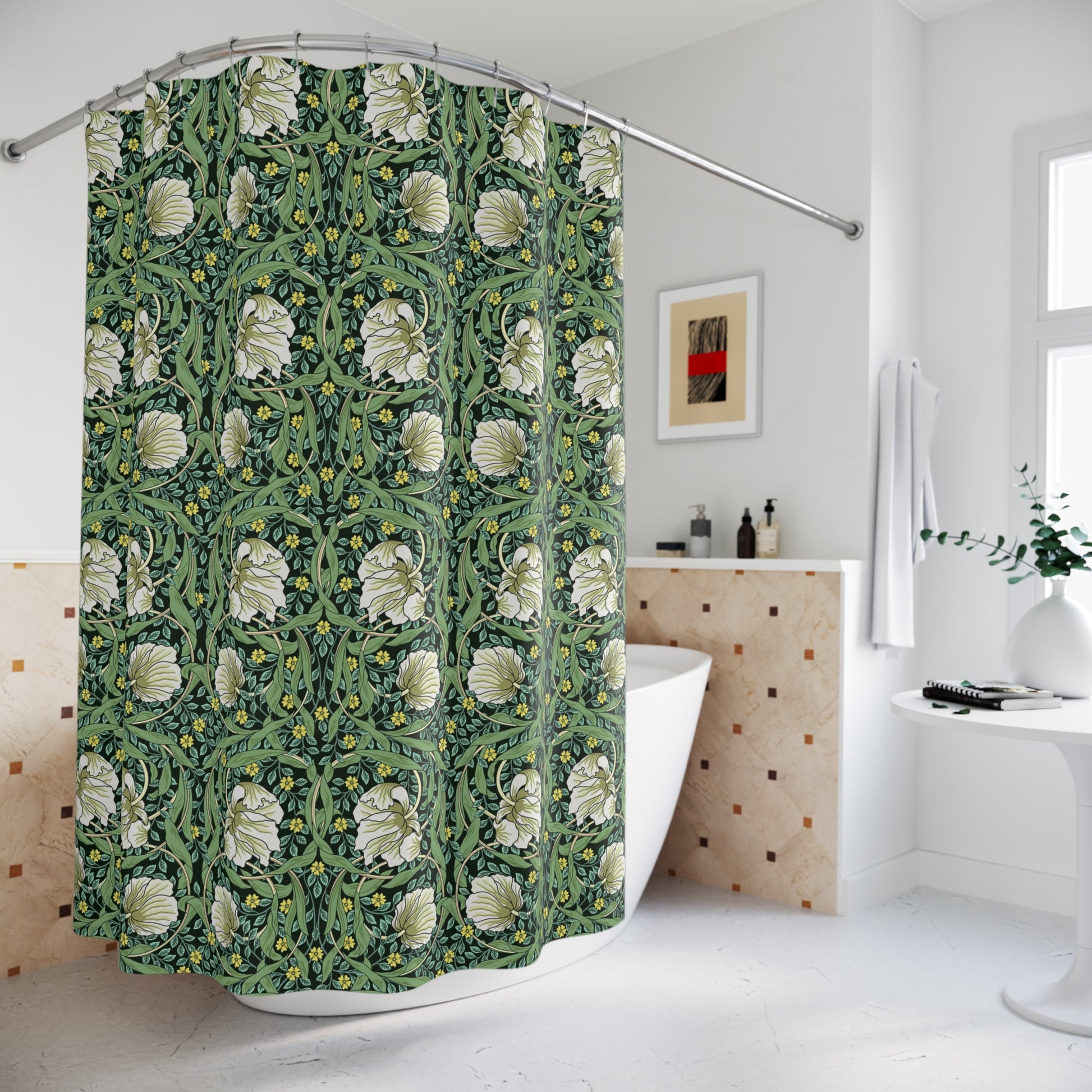 Shower curtain with green floral pattern in a bathroom setting