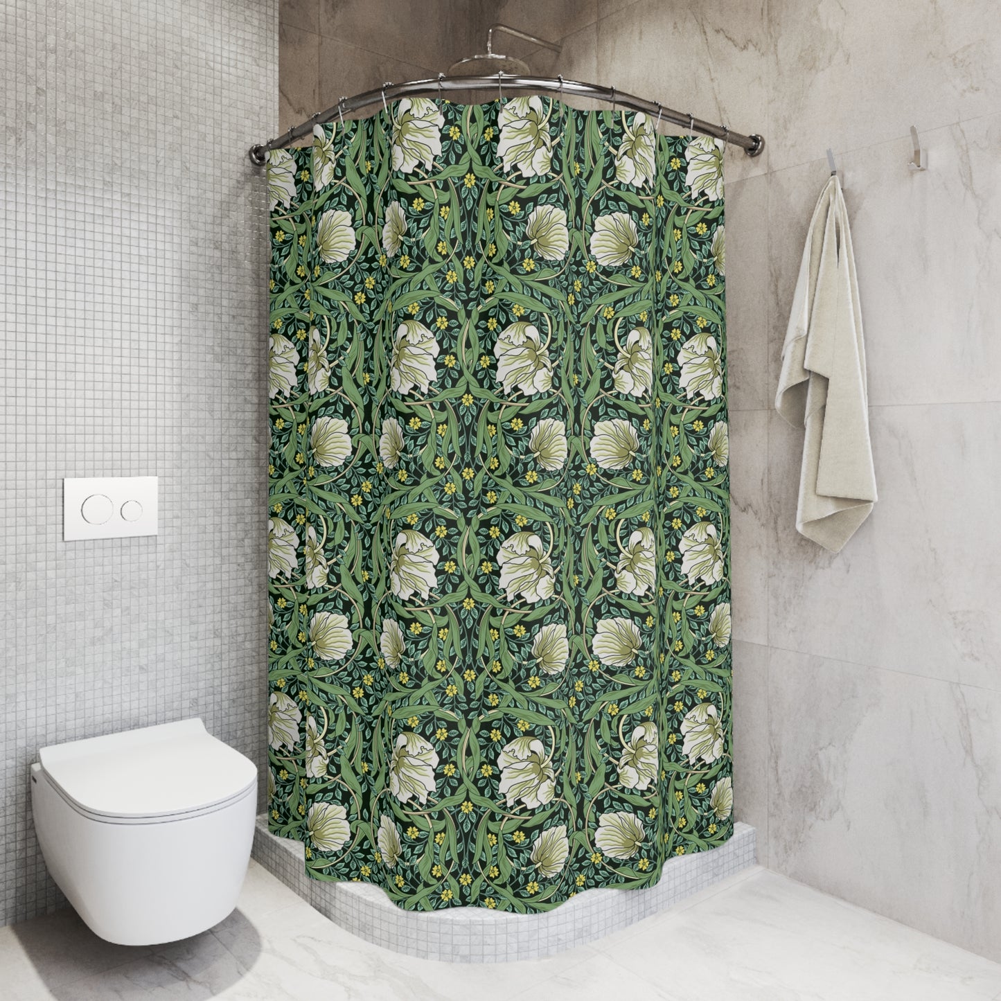 Bathroom with a floral-patterned shower curtain