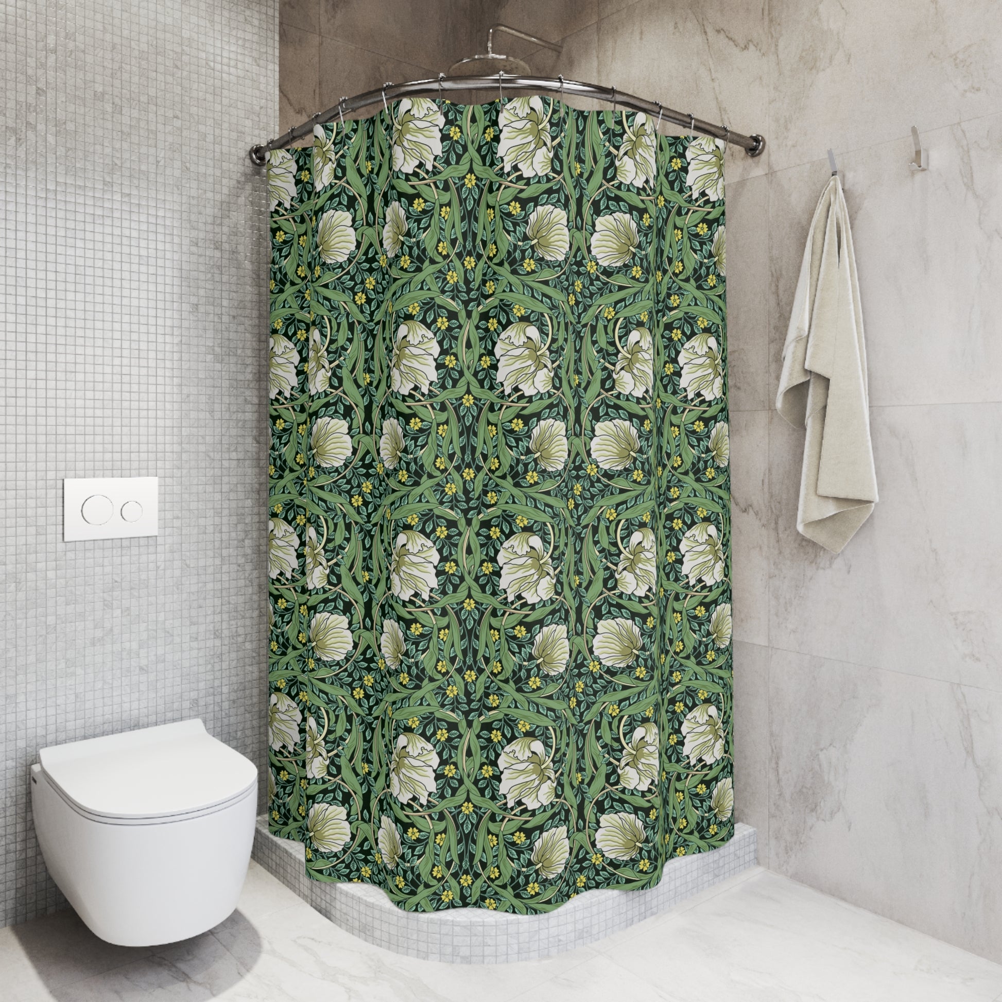 Bathroom with a floral-patterned shower curtain