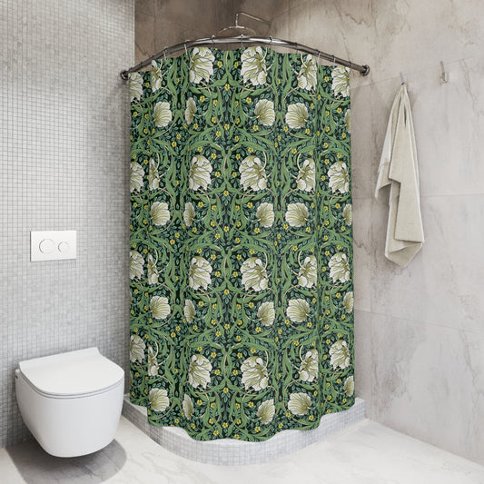 Bathroom with a floral-patterned shower curtain