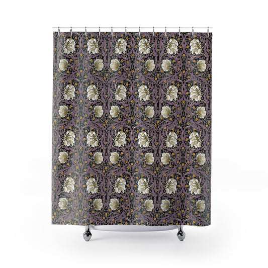 Shower curtain with floral pattern on a white background