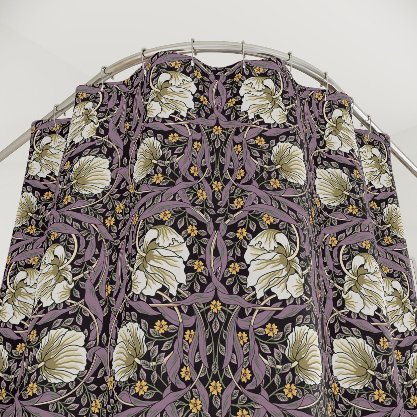 Floral patterned PVC shower curtain against a white background