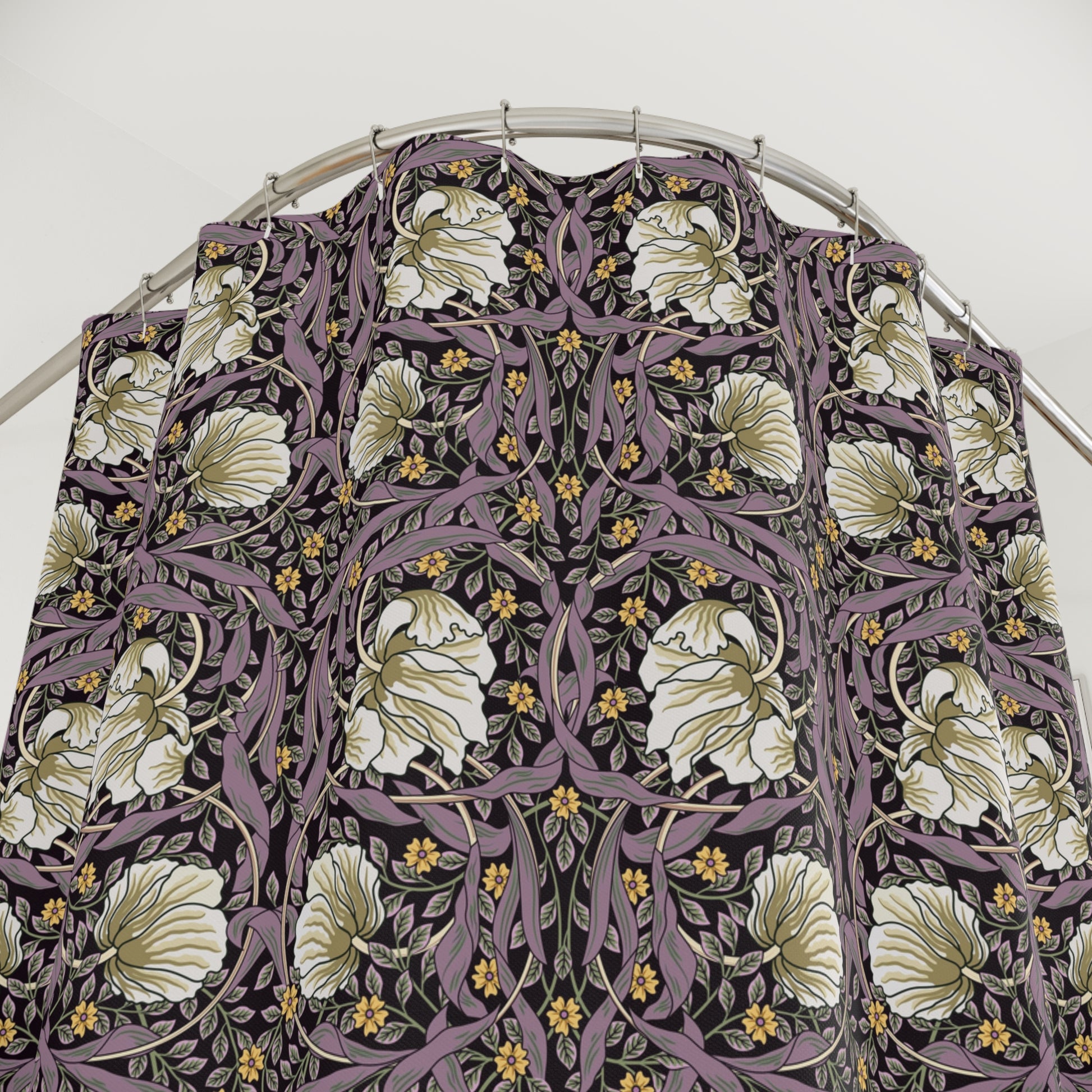 Floral patterned PVC shower curtain against a white background