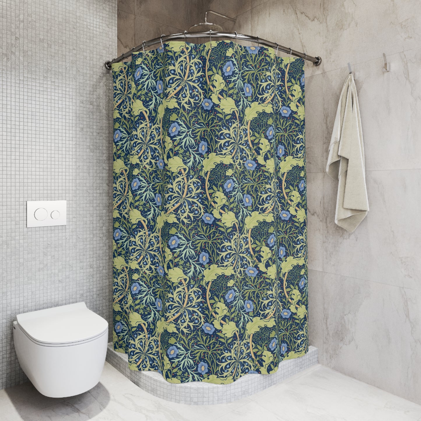 Bathroom with a floral patterned shower curtain and a white toilet.