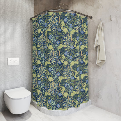 Bathroom with a floral patterned shower curtain and a white toilet.