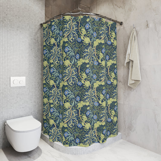 Bathroom with a floral patterned shower curtain and a white toilet.