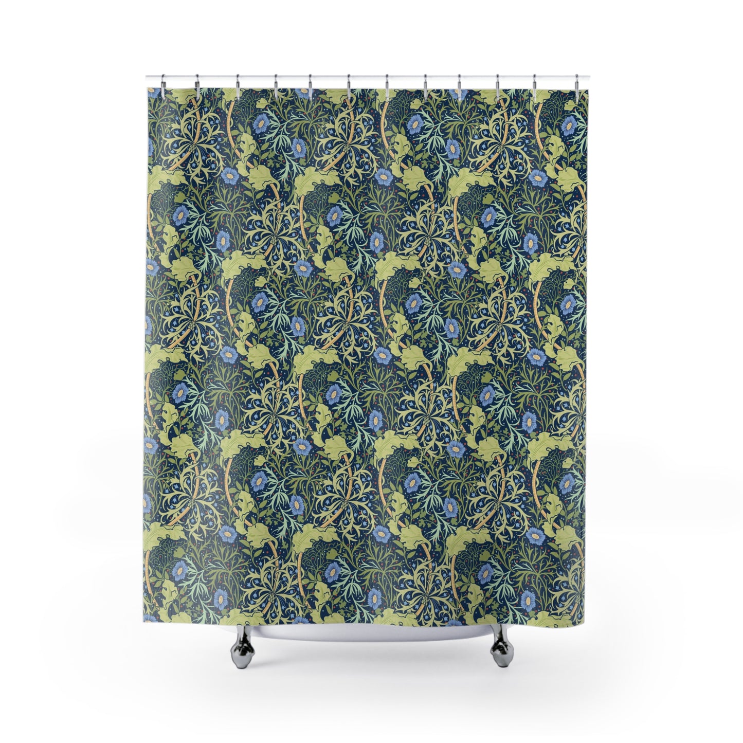 Shower curtain with floral pattern on a white background