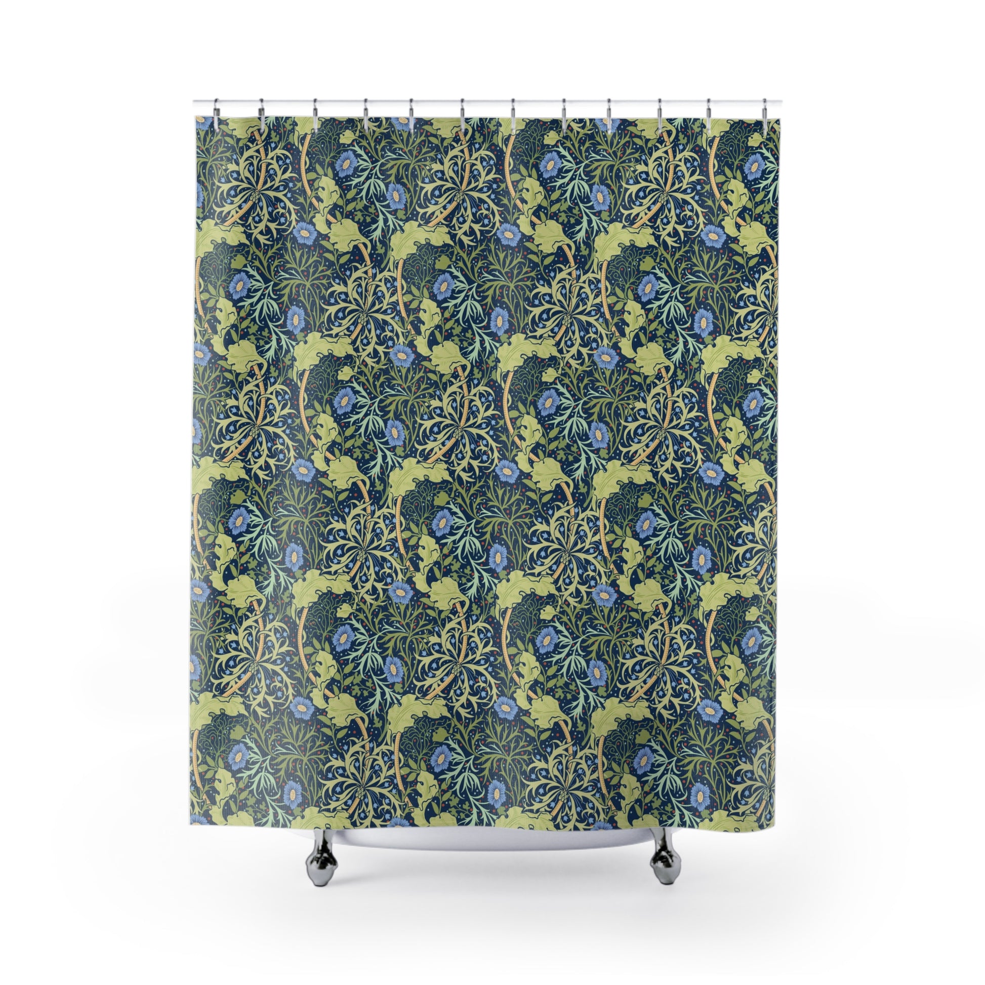 Shower curtain with floral pattern on a white background