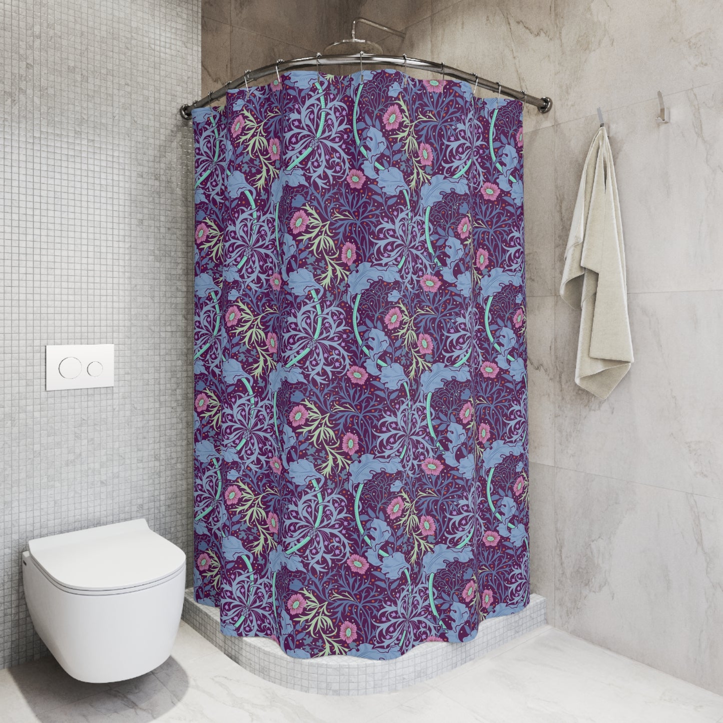 Purple shower curtain with white floral pattern in a bathroom setting