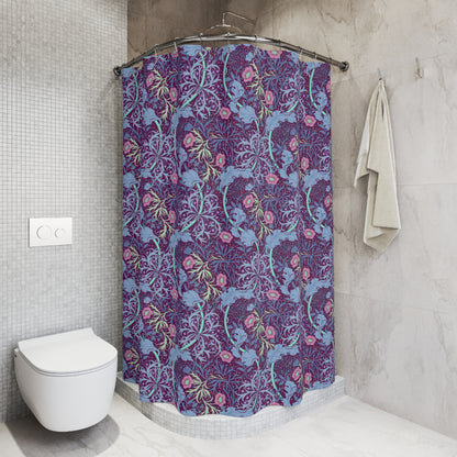 Purple shower curtain with white floral pattern in a bathroom setting