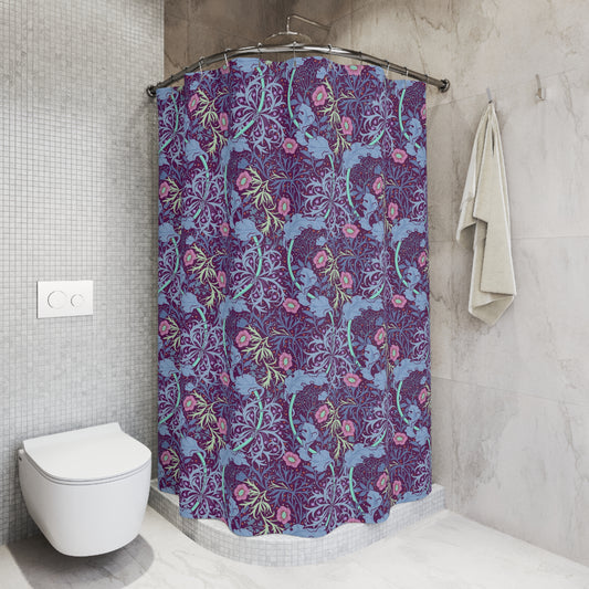 Purple shower curtain with white floral pattern in a bathroom setting
