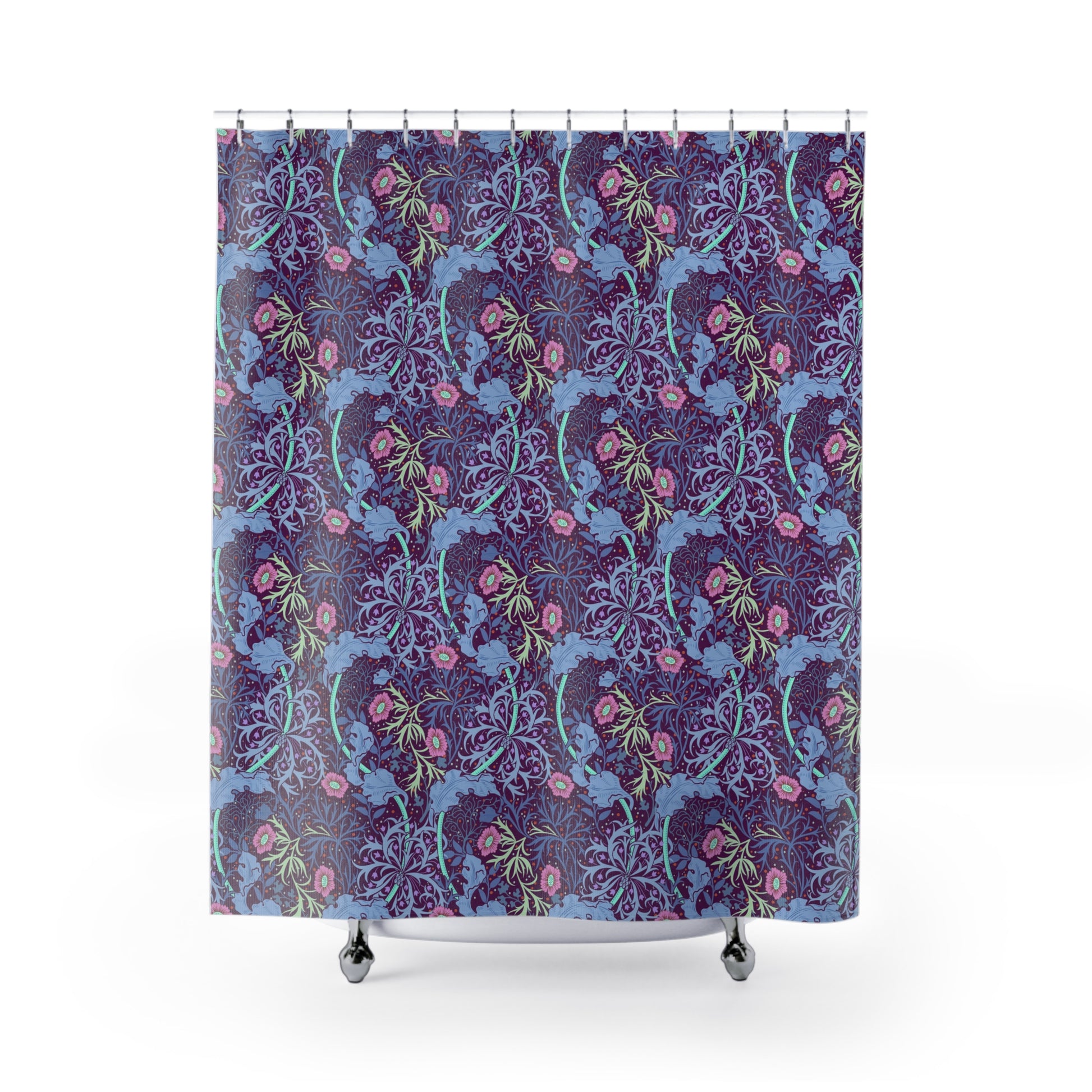 Shower curtain with a floral pattern on a white background