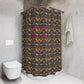 A shower curtain featuring a repeating William Morris & Co 'Strawberry Thief' pattern with birds and floral motifs on a dark background.