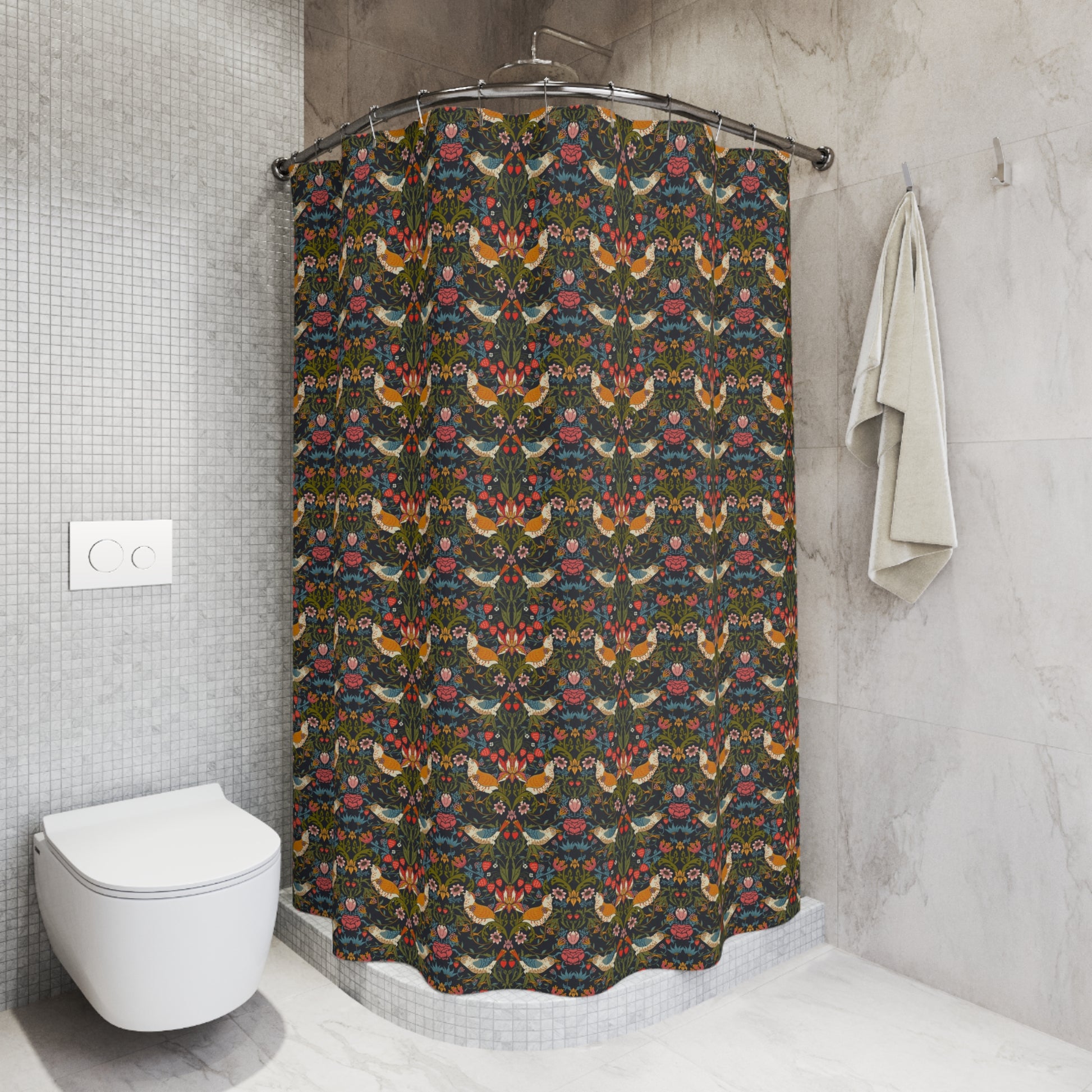 A shower curtain featuring a repeating William Morris & Co 'Strawberry Thief' pattern with birds and floral motifs on a dark background.