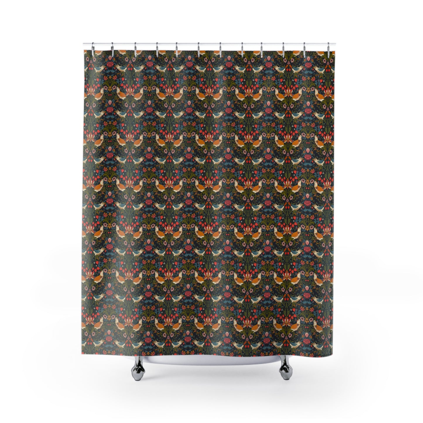 A shower curtain featuring a repeating William Morris & Co 'Strawberry Thief' pattern with birds and floral motifs on a dark background.