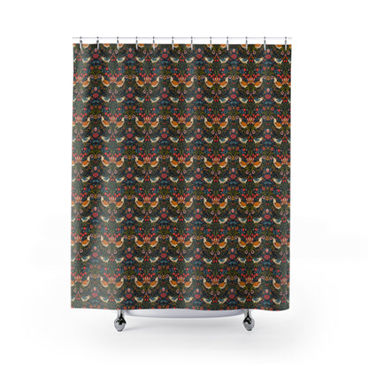 A shower curtain featuring a repeating William Morris & Co 'Strawberry Thief' pattern with birds and floral motifs on a dark background.