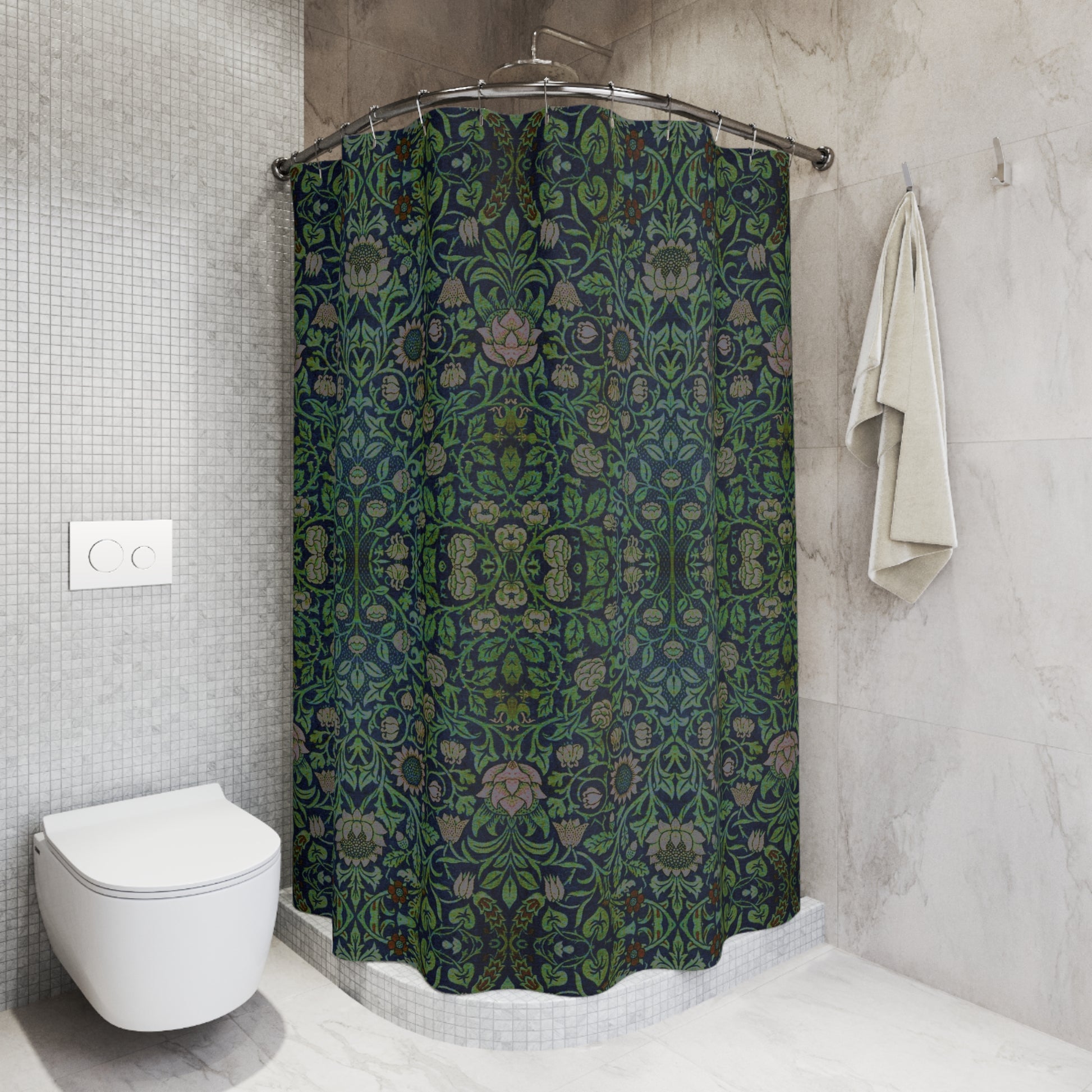 Bathroom with a patterned green shower curtain and white toilet.
